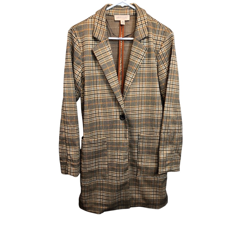 Philosophy Plaid Longline Blazer Jacket Womens Size M‎ Brown Tan Checkered